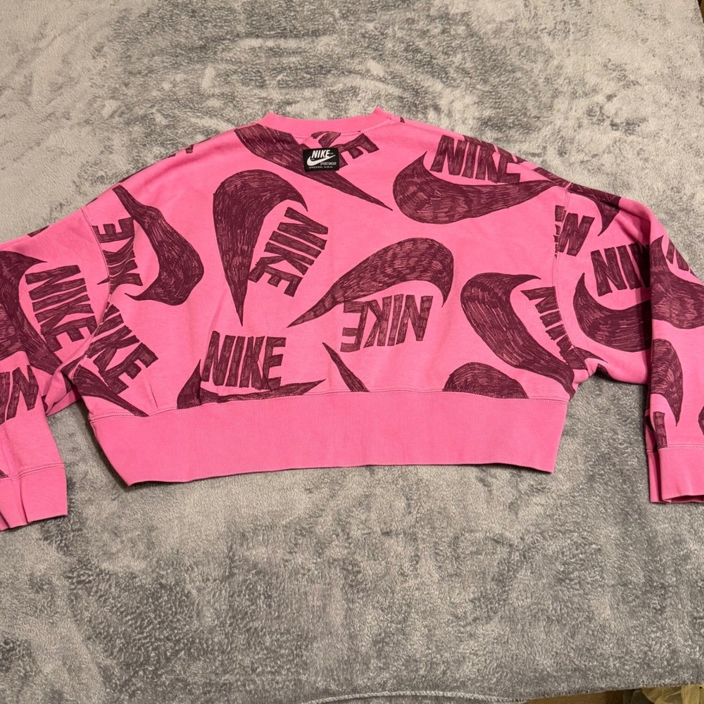 Nike All Over Swoosh Logo Pink Cropped Sweatshirt Womens Size Small - Picture 2 of 7